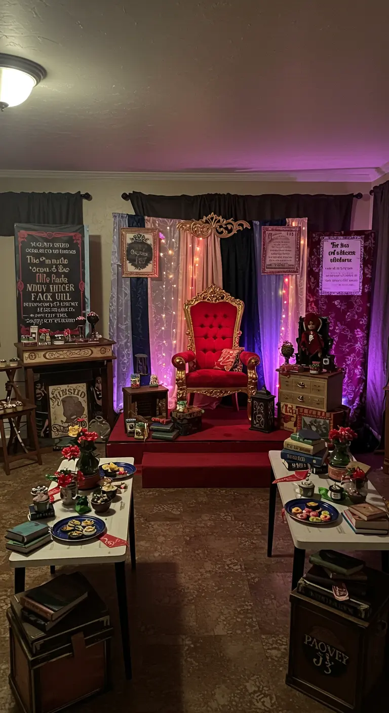 Thematische feestopstelling met een rode troon, gedrapeerde stoffen en koninklijke decoraties.