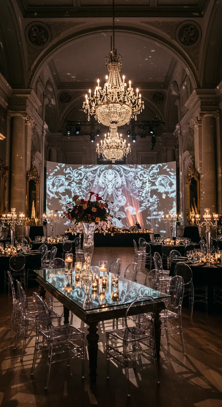 Elegante balzaal met glazen tafels, kroonluchters en een grote projectie op de achtergrond.