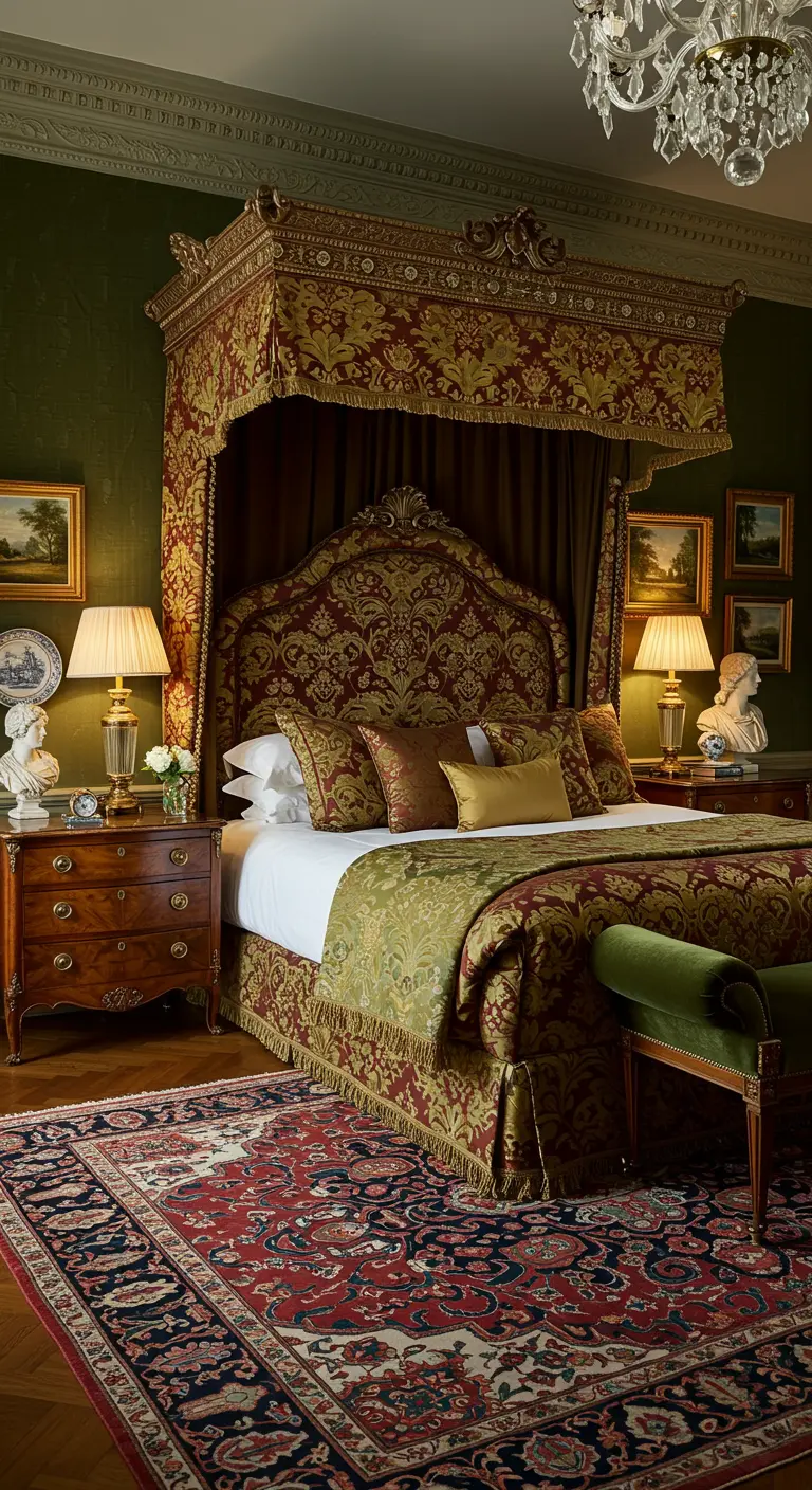Luxe slaapkamer met baldakijnbed, rijk bewerkt hoofdbord in goud en rood brokaat.