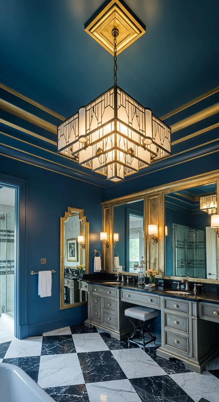 Luxe badkamer met diepblauw plafond, gouden accenten en grote Art Deco kroonluchter.