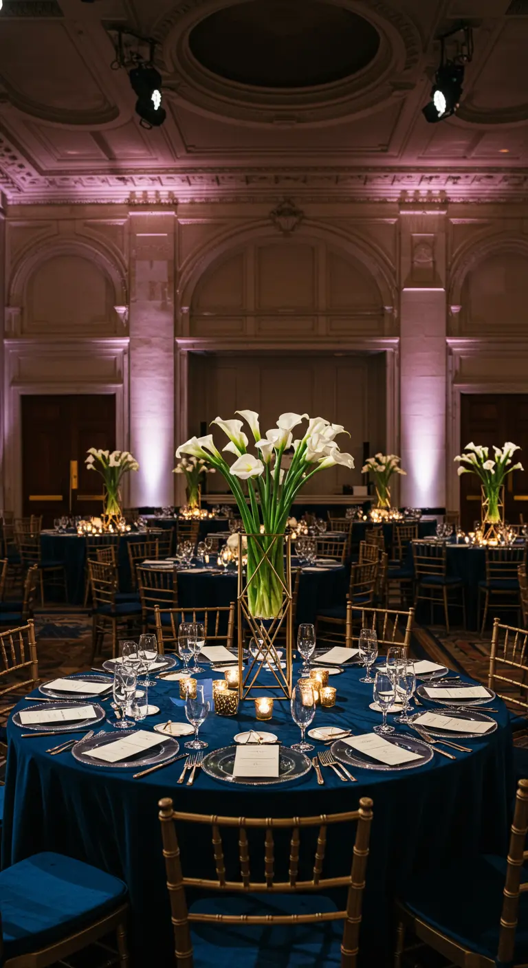 Elegante ronde tafels met diepblauwe kleden en hoge witte calla-arrangementen.