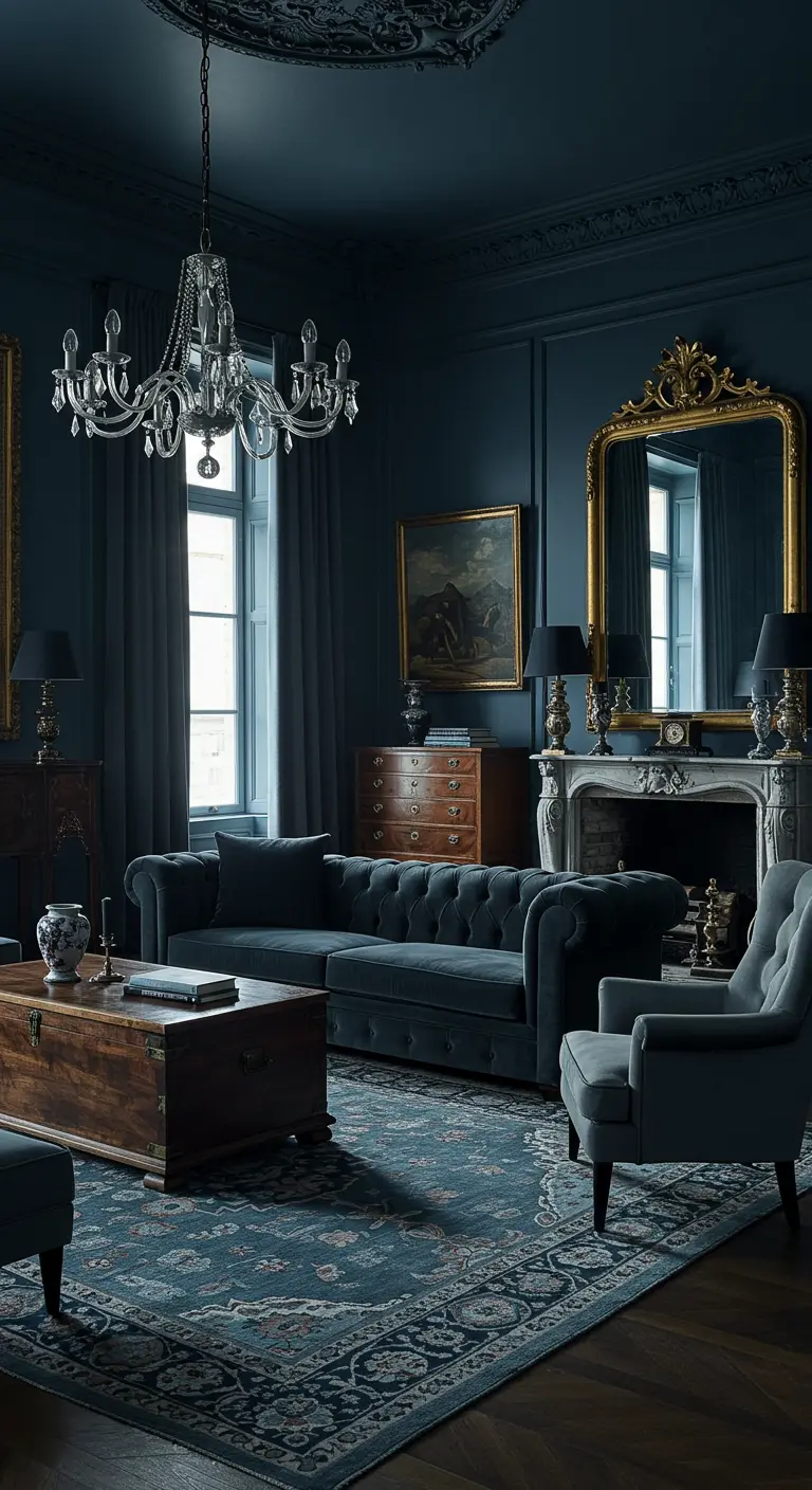 Donkerblauwe woonkamer met klassieke meubels, kristallen kroonluchter en antieke houten kist.