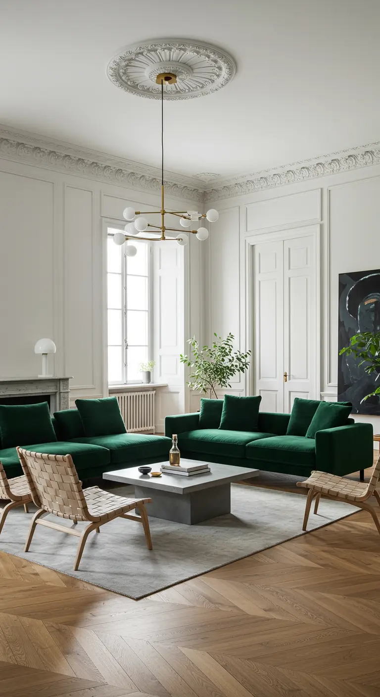 Statige woonkamer met witte paneelmuren, groene fluwelen banken en moderne kunst.