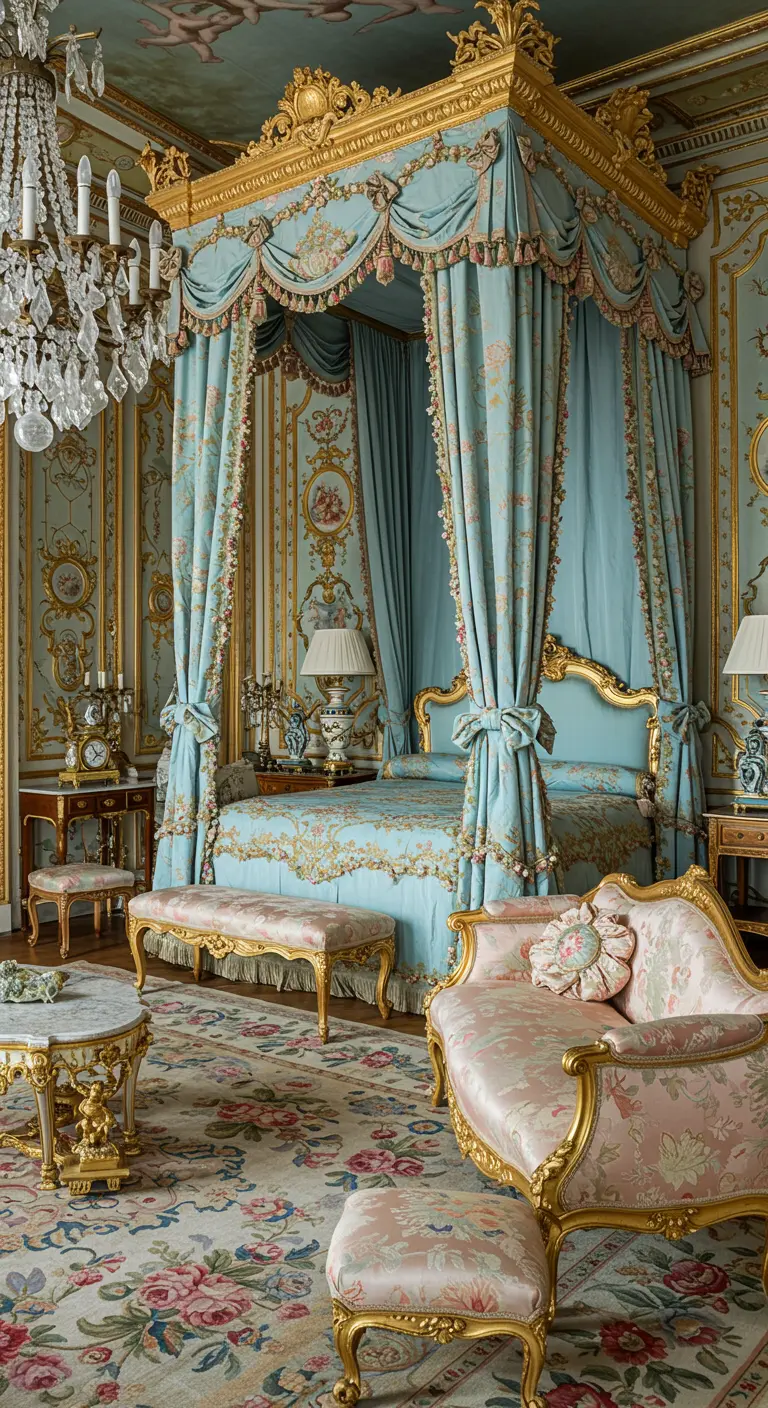 Extravagante slaapkamer met blauw-gouden hemelbed, veel draperieën en roze fluwelen meubels.