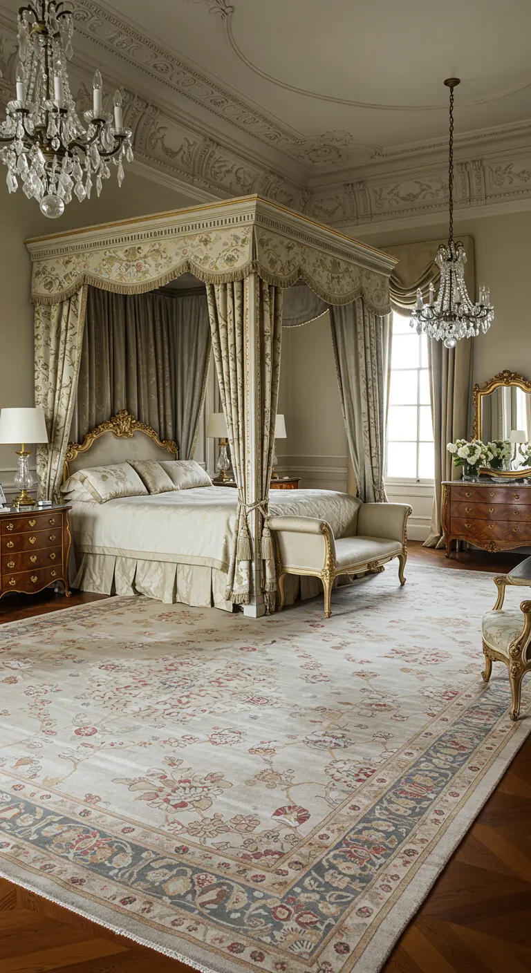 Klassieke slaapkamer met hemelbed en een groot, lichtgekleurd traditioneel vloerkleed.