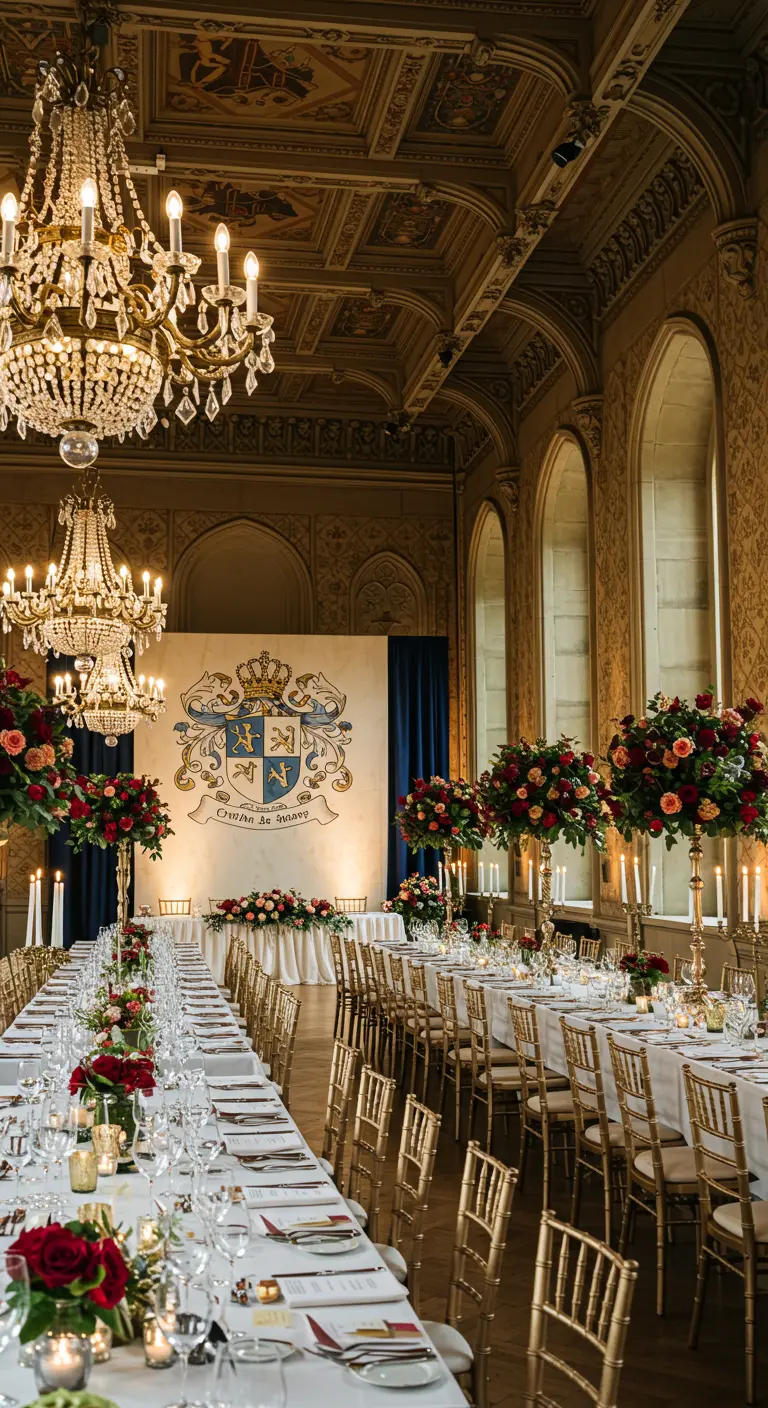 Elegante bruiloftsreceptie met een groot familiewapen als backdrop en lange, rijk gedekte tafels.