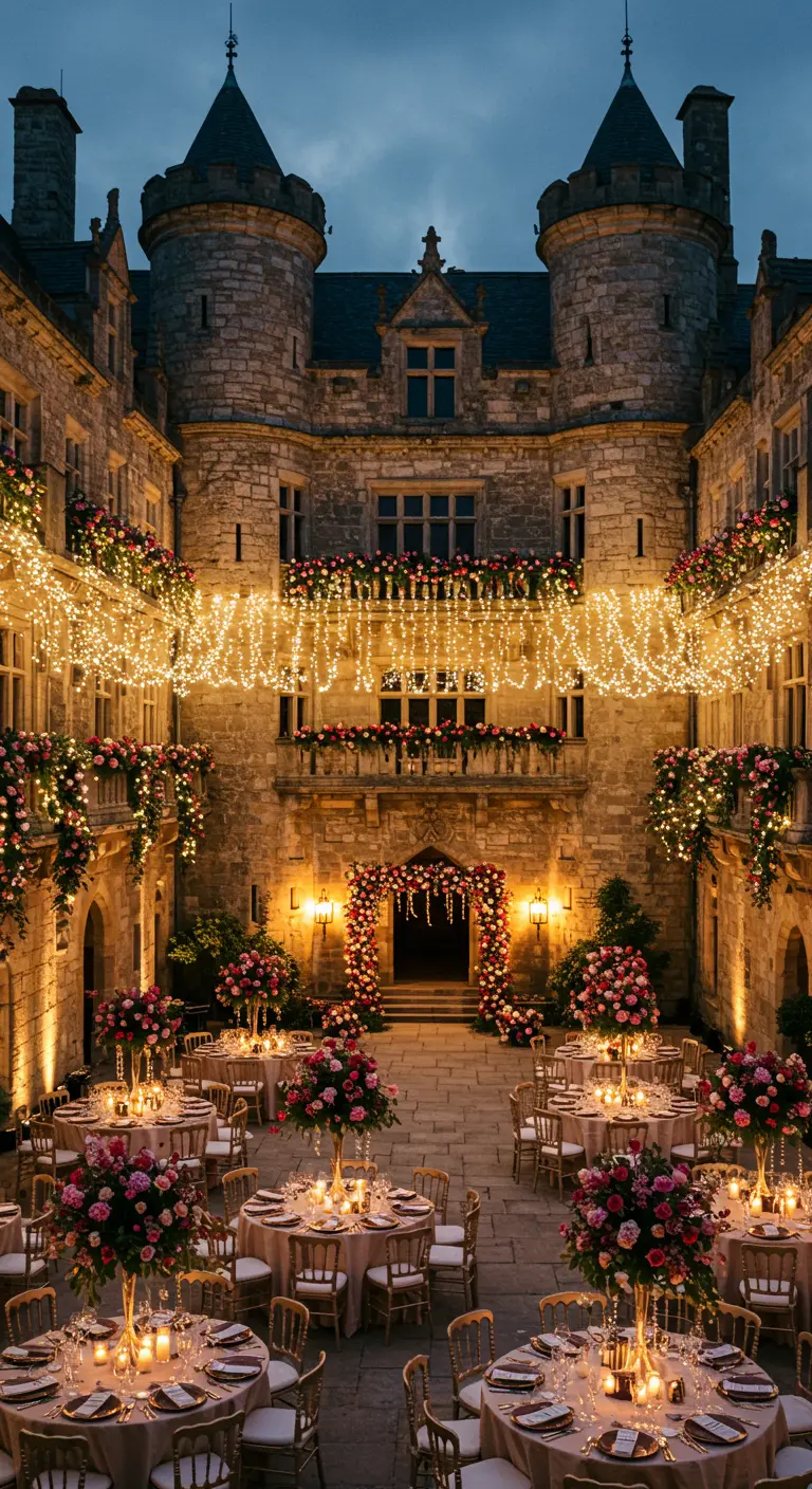 Binnenplaats kasteel met overdaad aan lichtslingers, ronde tafels en roze bloemen.