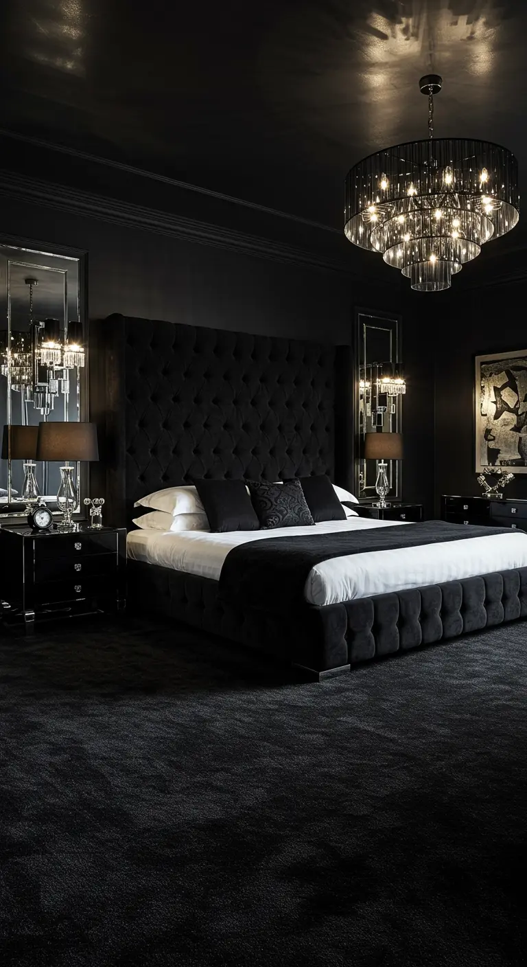 Luxe zwarte slaapkamer met fluwelen bed, grote kroonluchter en spiegelende meubels.