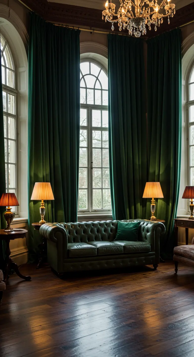 Hoge, donkergroene fluwelen gordijnen naast grote boogramen in een klassieke kamer.