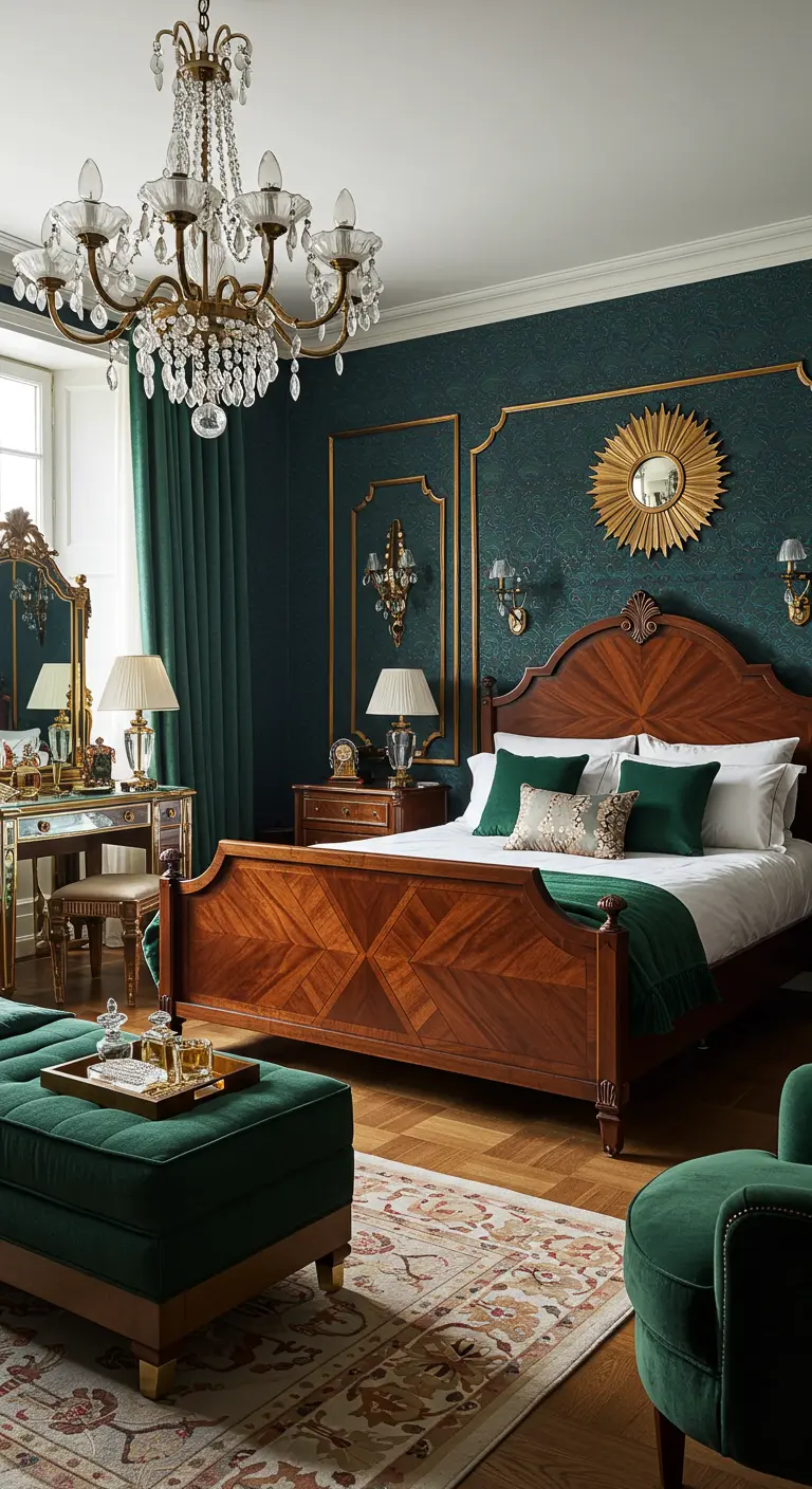 Weelderige slaapkamer in smaragdgroen met gouden accenten, klassiek houten bed en kroonluchter.