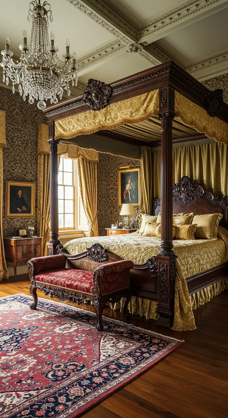 Luxe klassieke slaapkamer met een donkerhouten hemelbed en een rood fluwelen antiek bankje.