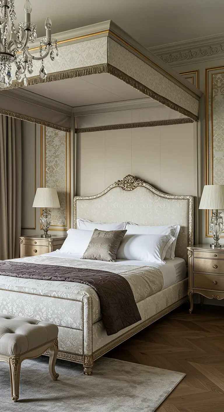 Luxe slaapkamer met een elegant hemelbed dat de hoogte van de ruimte benadrukt.