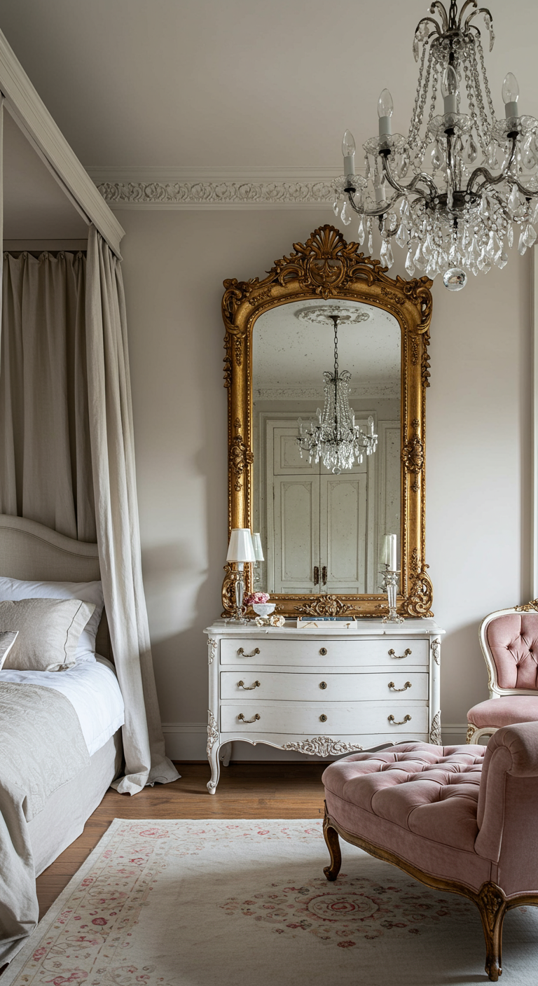 Grote, sierlijke gouden spiegel boven een witte commode in klassieke slaapkamer.