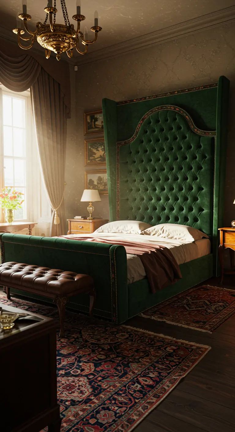Smaragdgroen velvet bedframe met extra hoog, gecapitonneerd hoofdbord in klassieke slaapkamer.