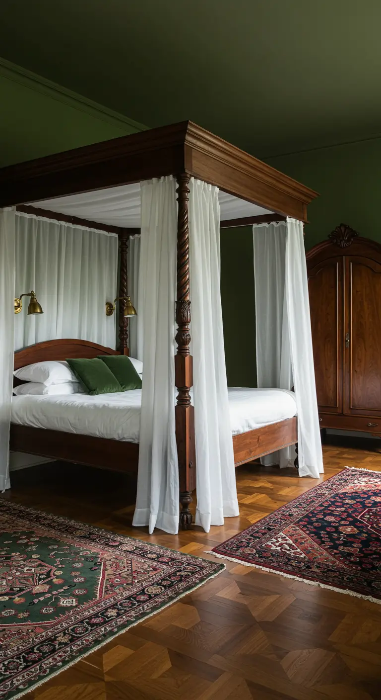 Slaapkamer met donkergroene muur, houten hemelbed, witte gordijnen, groene kussens, oosterse tapijten.
