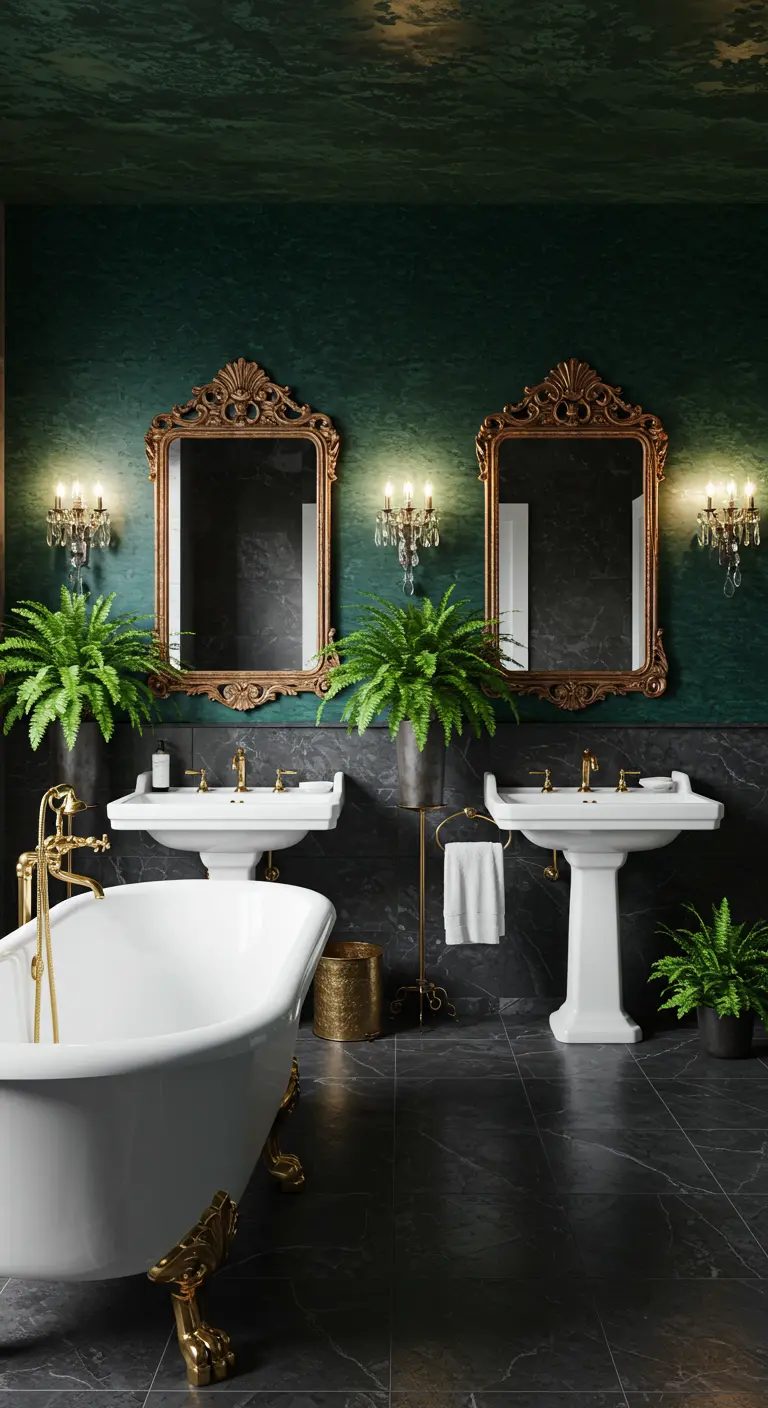 Luxe badkamer met donkergroene muren, gouden barokspiegels en vrijstaand bad.