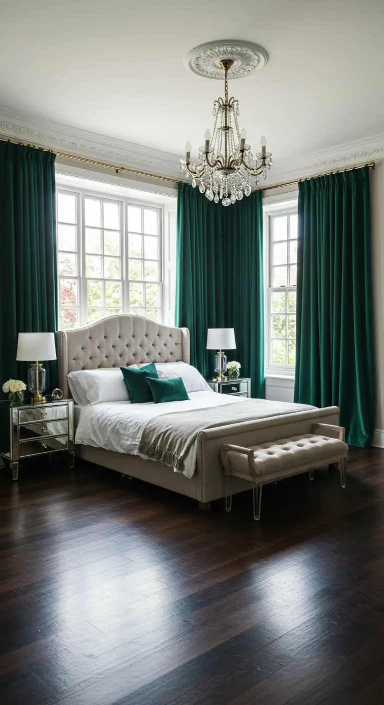 Klassieke slaapkamer met donkergroene velours gordijnen en kroonluchter.