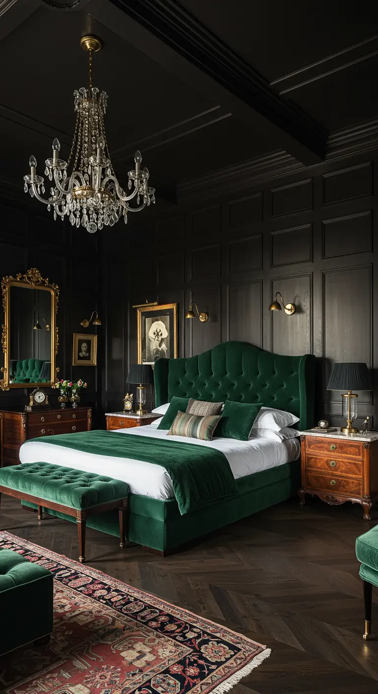 Luxe slaapkamer met donkere houten lambrisering en smaragdgroen fluwelen bed.