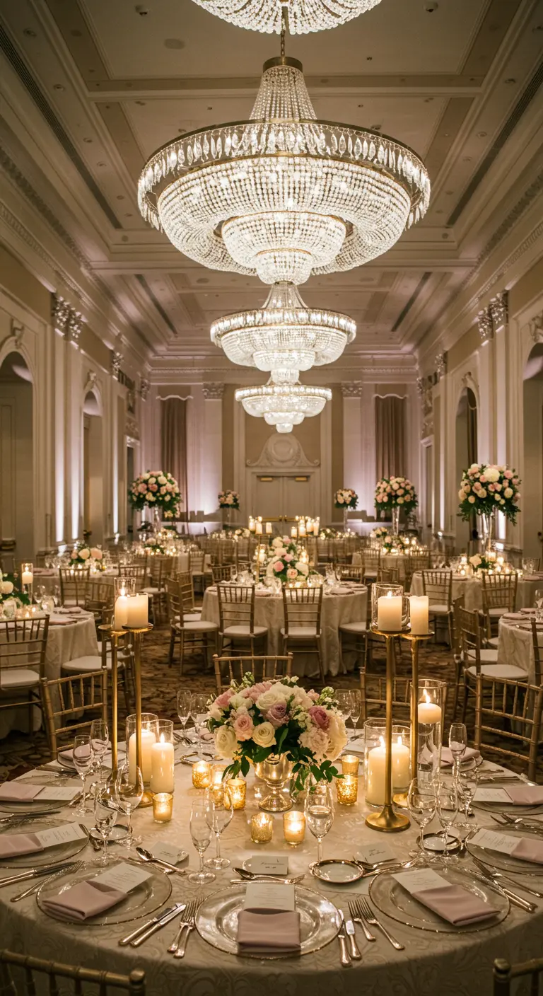 Chique bruiloftsreceptie met kroonluchters en veel kaarsen op tafels.