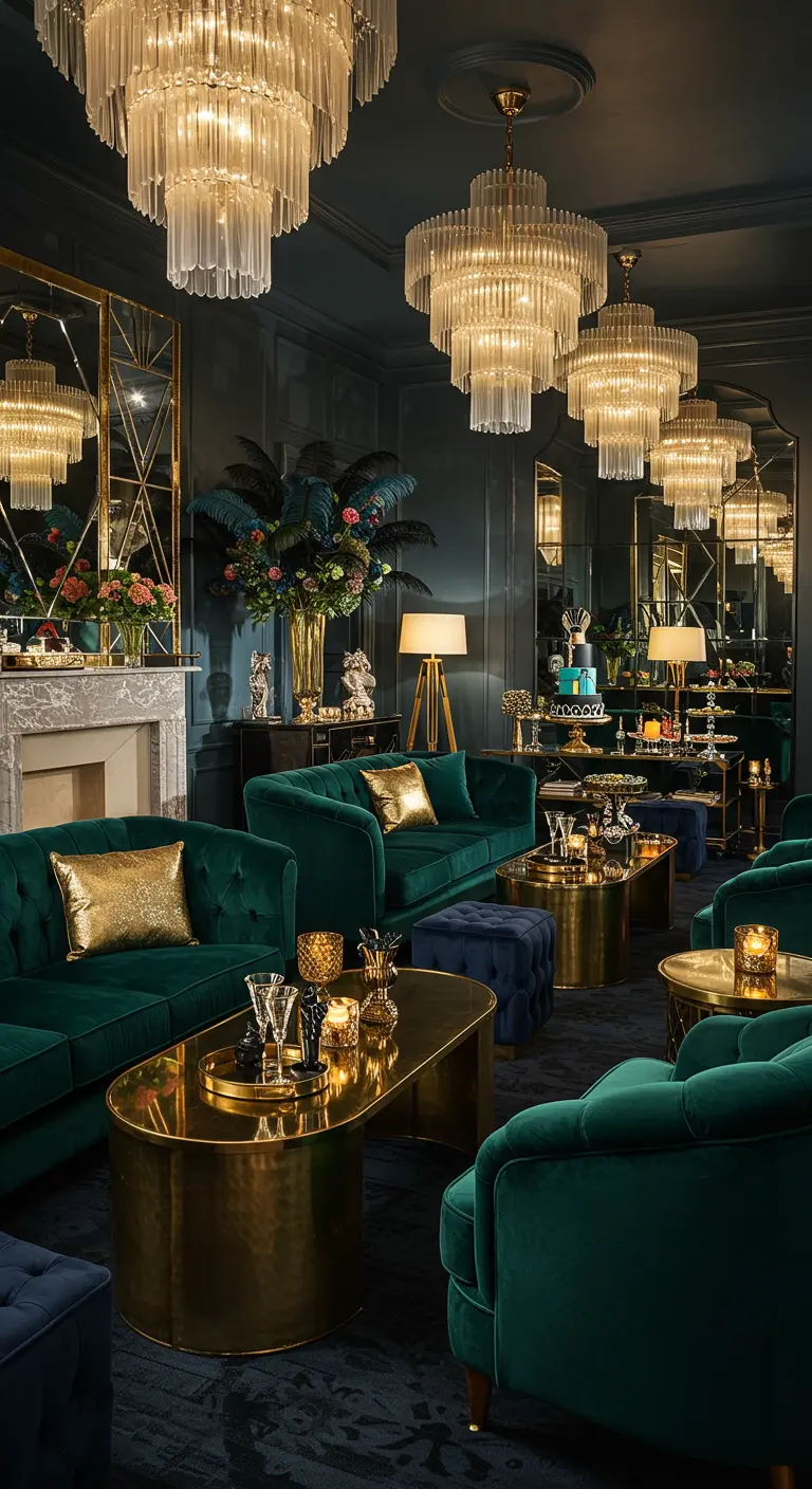 Luxe lounge met smaragdgroene banken, gouden tafels en indrukwekkende kroonluchters in een donkere ruimte.