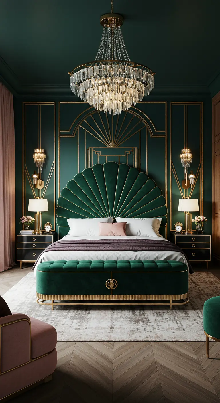 Luxe slaapkamer in smaragdgroen fluweel met art deco details en kristallen kroonluchter.