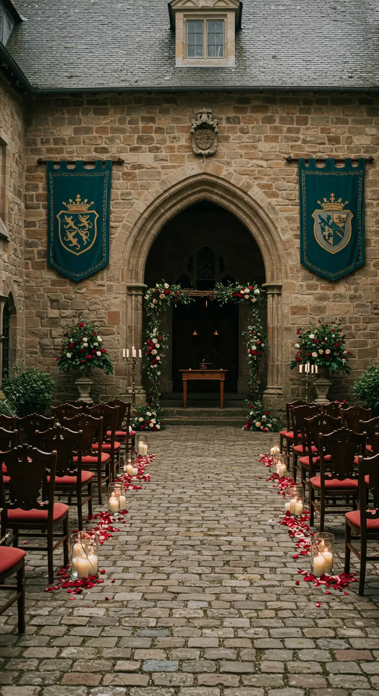 Trouwceremonie op binnenplaats kasteel met banieren, rode loper en kandelaars.