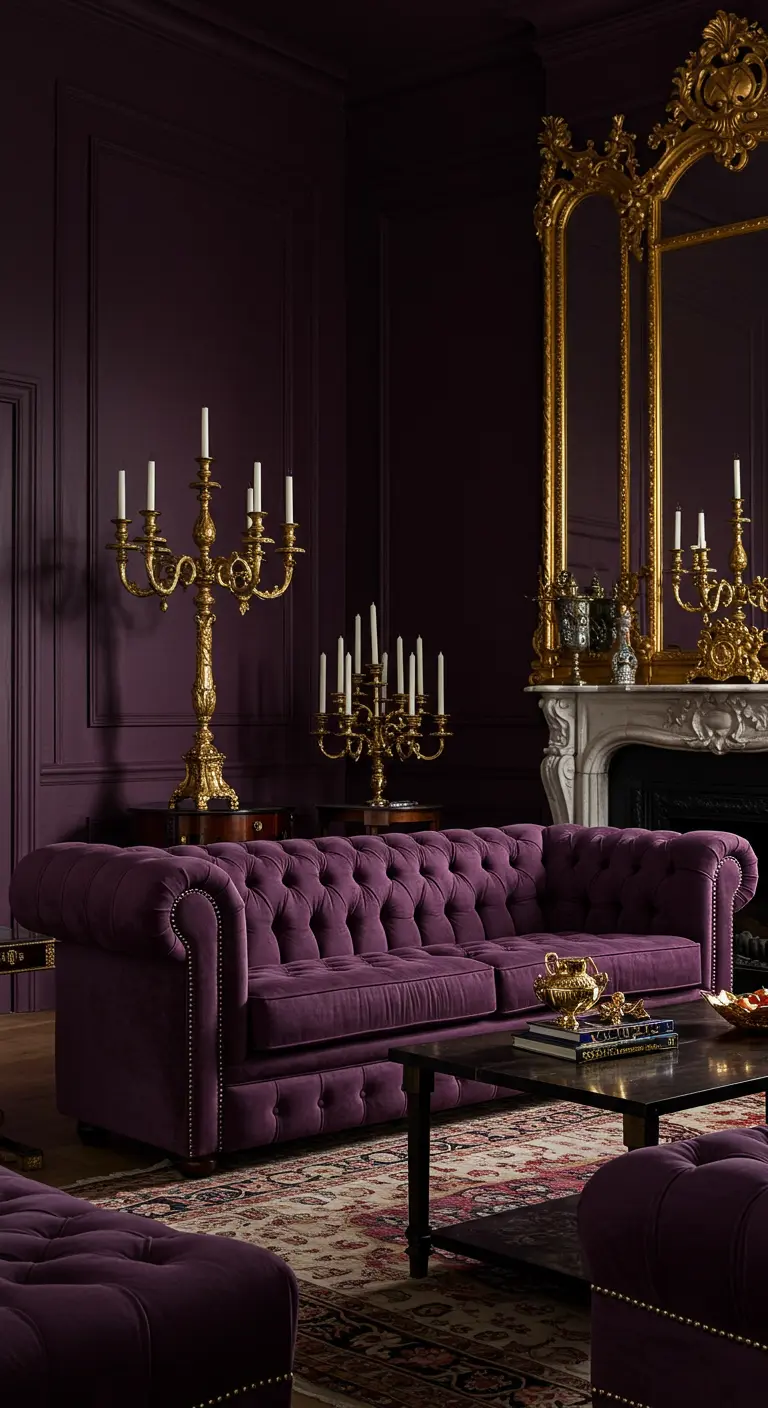 Dieppaarse kamer met een fluwelen Chesterfield, gouden spiegel en gouden kandelaren.