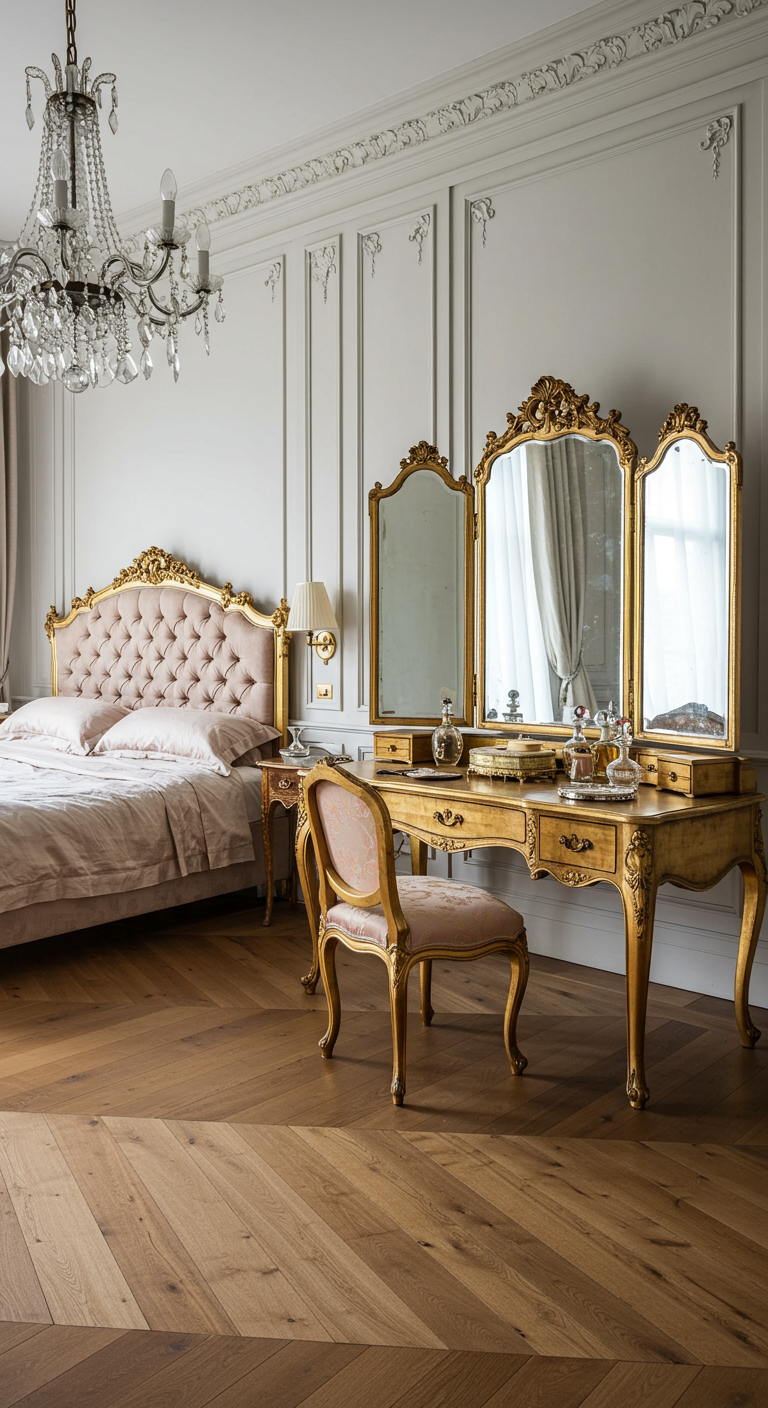 Elegante slaapkamer met klassieke kaptafel met gouden details en kroonluchter.