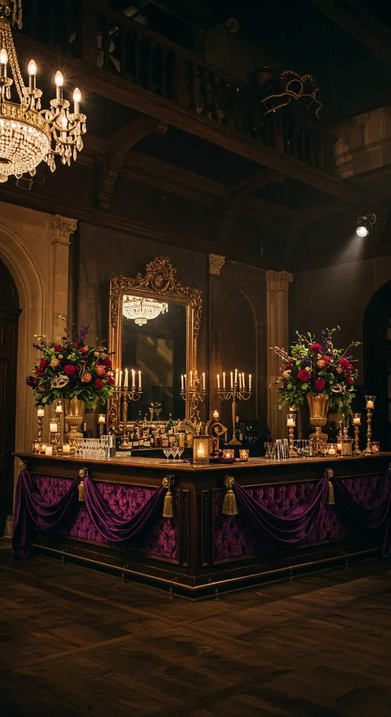 Luxe bar met paars fluweel, gouden kwasten, grote bloemstukken en kandelaars.