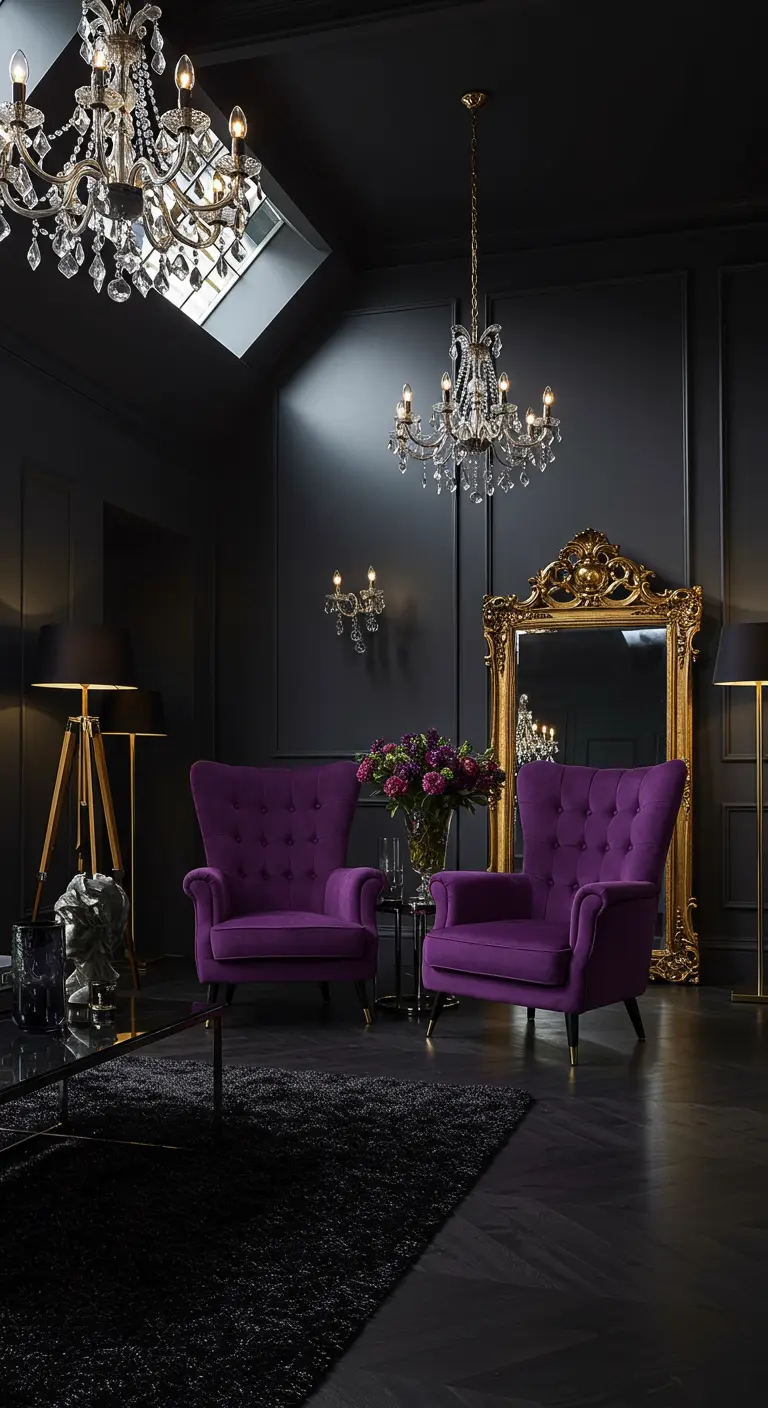 Donkere woonkamer met paarse fauteuils en gouden spiegelaccenten.