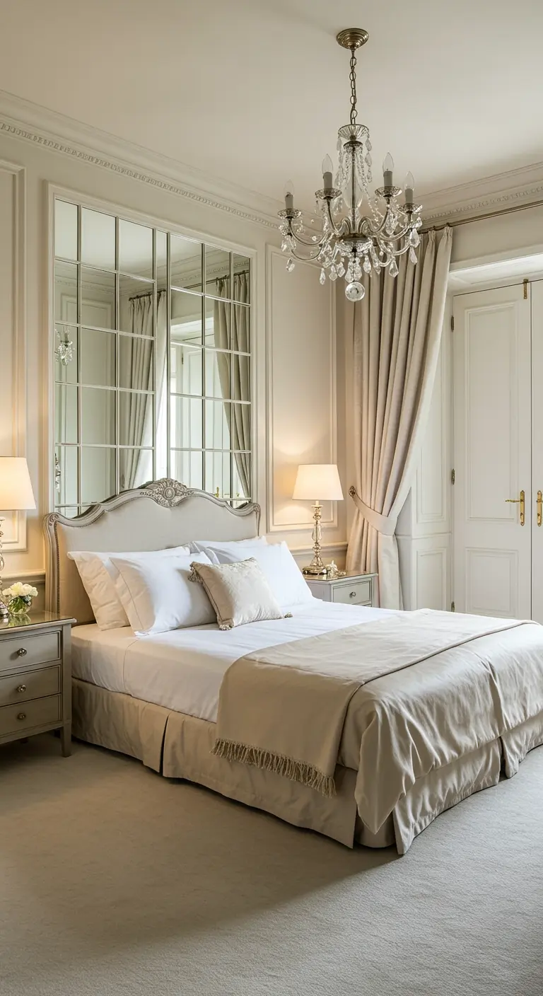 Elegante slaapkamer met spiegelpanelen boven het bed en een kroonluchter.