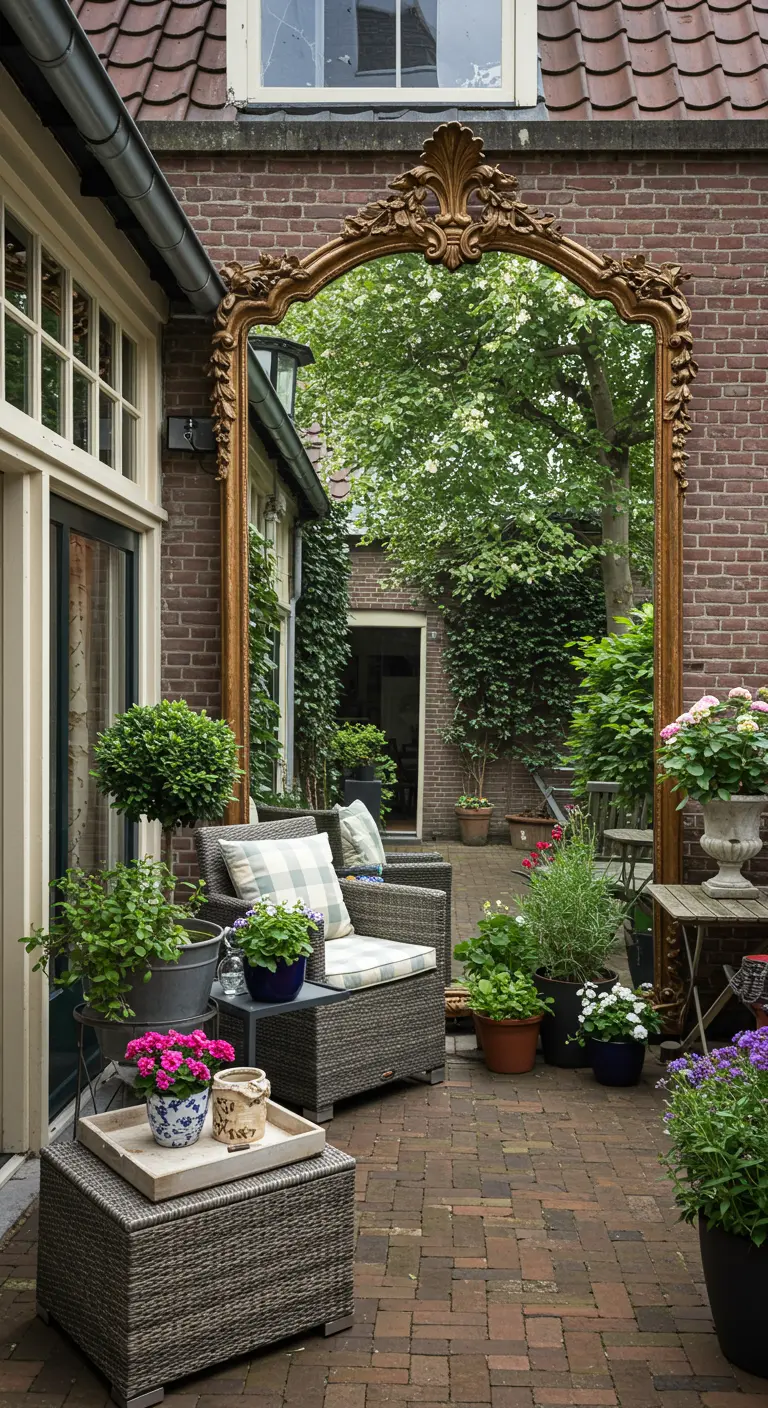 Grote staande spiegel met gouden baroklijst op een terras met tuinmeubilair en planten.