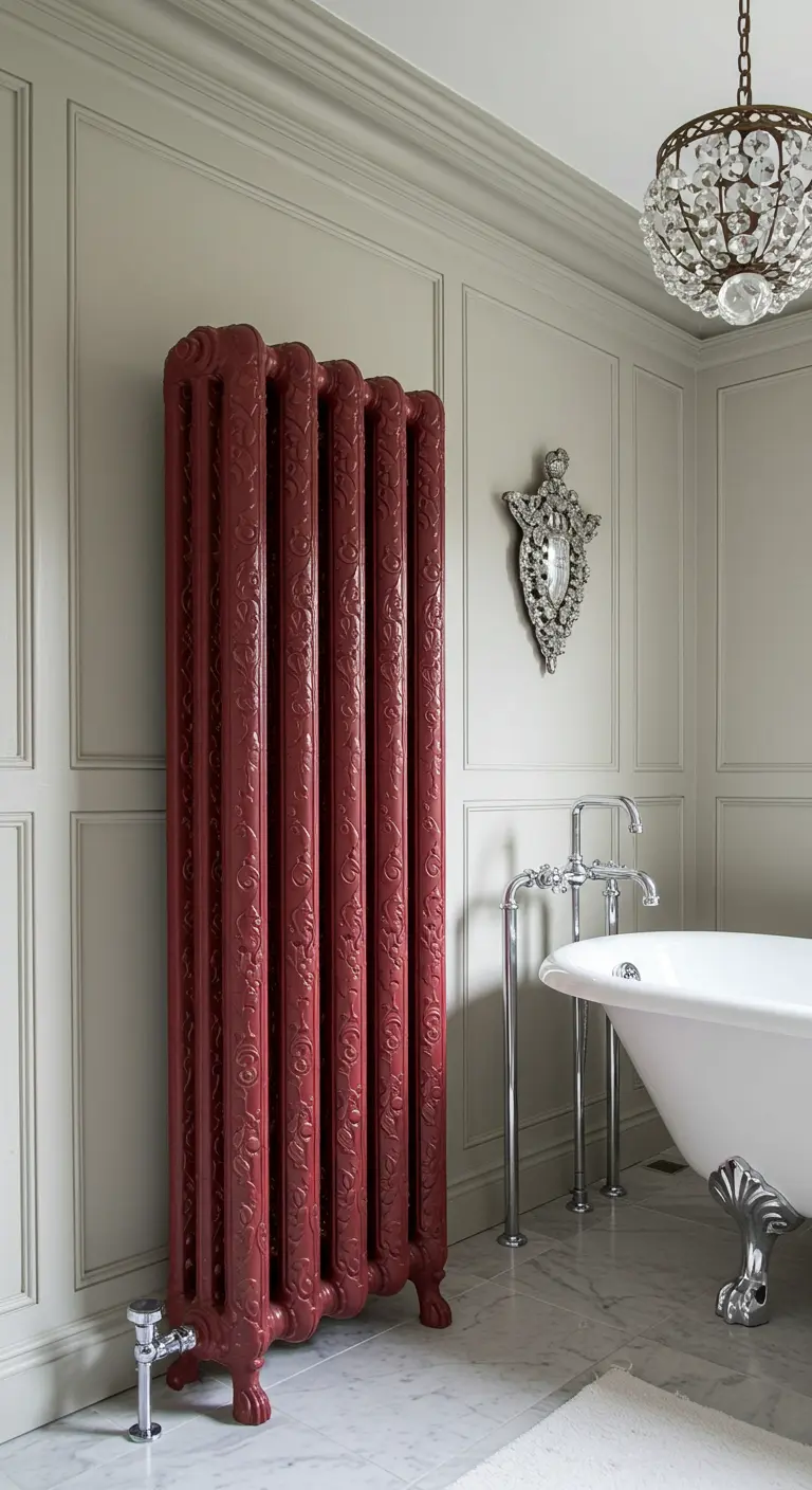 Sierlijke, dieprode gietijzeren radiator in een klassieke badkamer met lichte wanden en marmeren vloer.