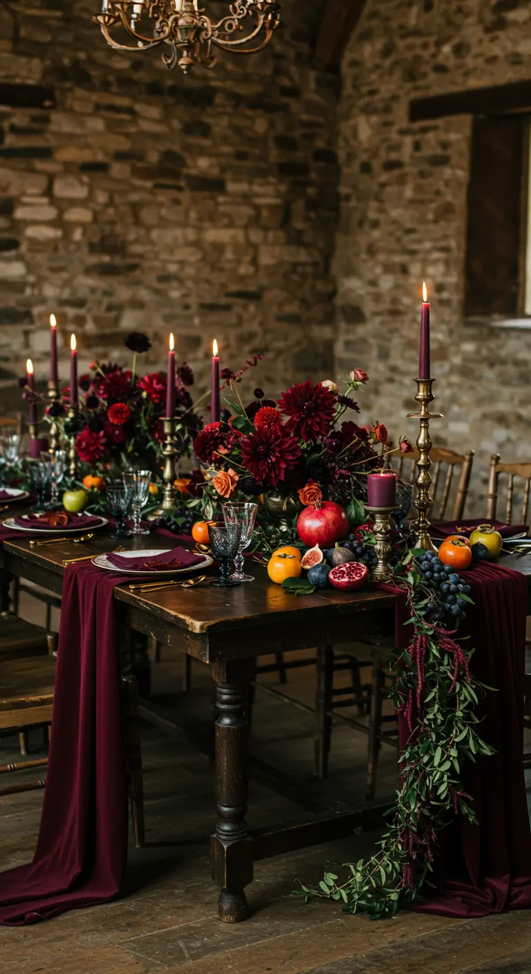 Tafel met donkerrode bloemen, fruit zoals granaatappels, en gouden kandelaars.
