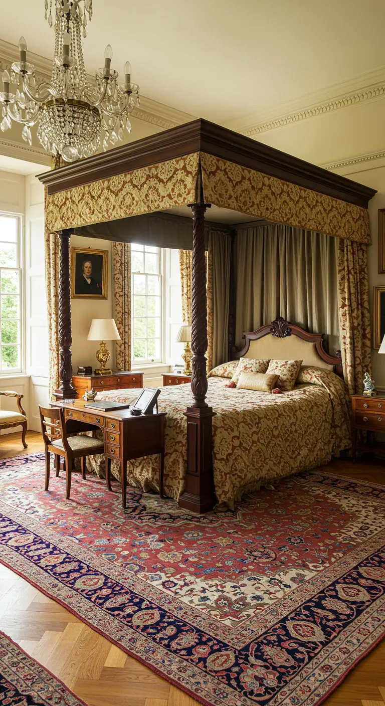 Klassieke slaapkamer met een groot hemelbed los van de muur en een bureau erachter.