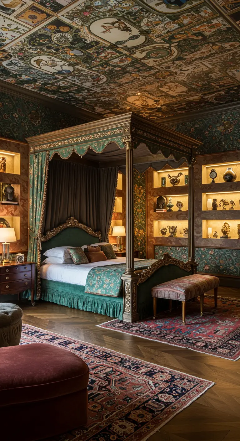 Luxe slaapkamer met hemelbed en verlichte nissen gevuld met decoratieve objecten.