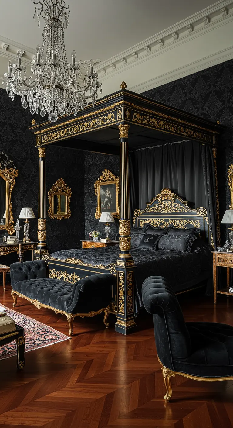 Extravagante barokke slaapkamer met zwart en goud, hemelbed en kroonluchter.