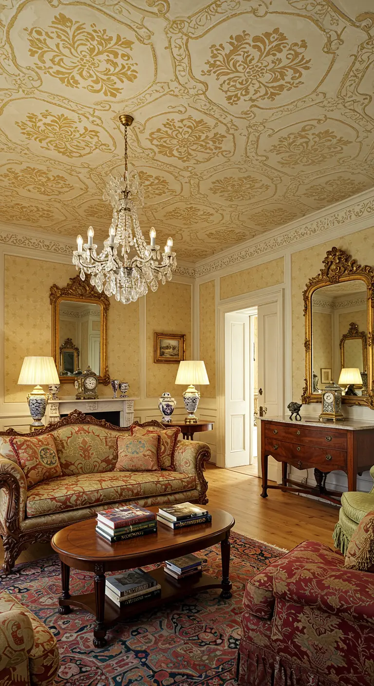 Statige kamer met crèmekleurig plafond versierd met gouden stucwerk ornamenten.