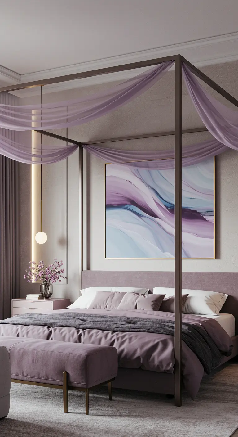 Hemelbed met paarse stoffen, abstract kunstwerk, en een paarse fluwelen bench in de slaapkamer.