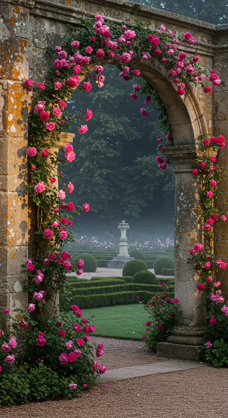 Stenen poort rijkelijk begroeid met roze klimrozen, met doorkijk naar een formele tuin.