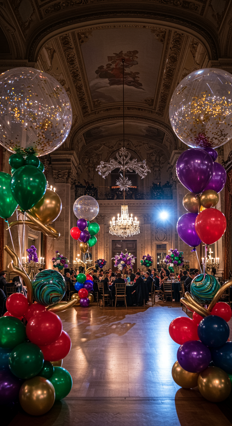 Kleurrijke ballonnen in juweeltonen als entreeversiering in een klassieke zaal.
