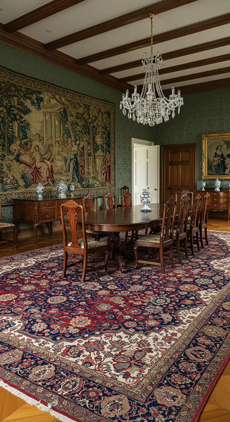 Klassieke eetkamer met groot Perzisch tapijt, historisch wandtapijt en kristallen kroonluchter.