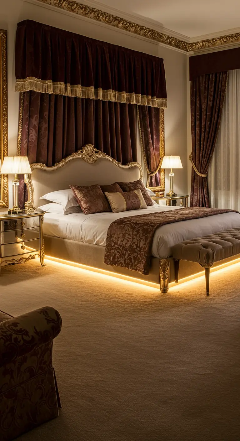 Luxe, klassieke slaapkamer met een groot bed, zware gordijnen en warme, gouden LED-verlichting eronder.