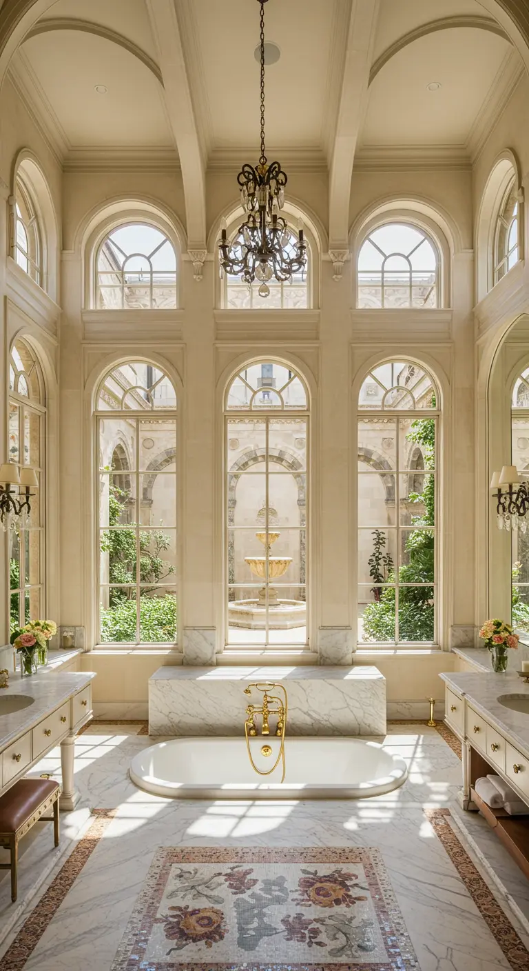 Luxueuze badkamer met meerdere hoge boogramen die uitkijken op een binnentuin met fontein.