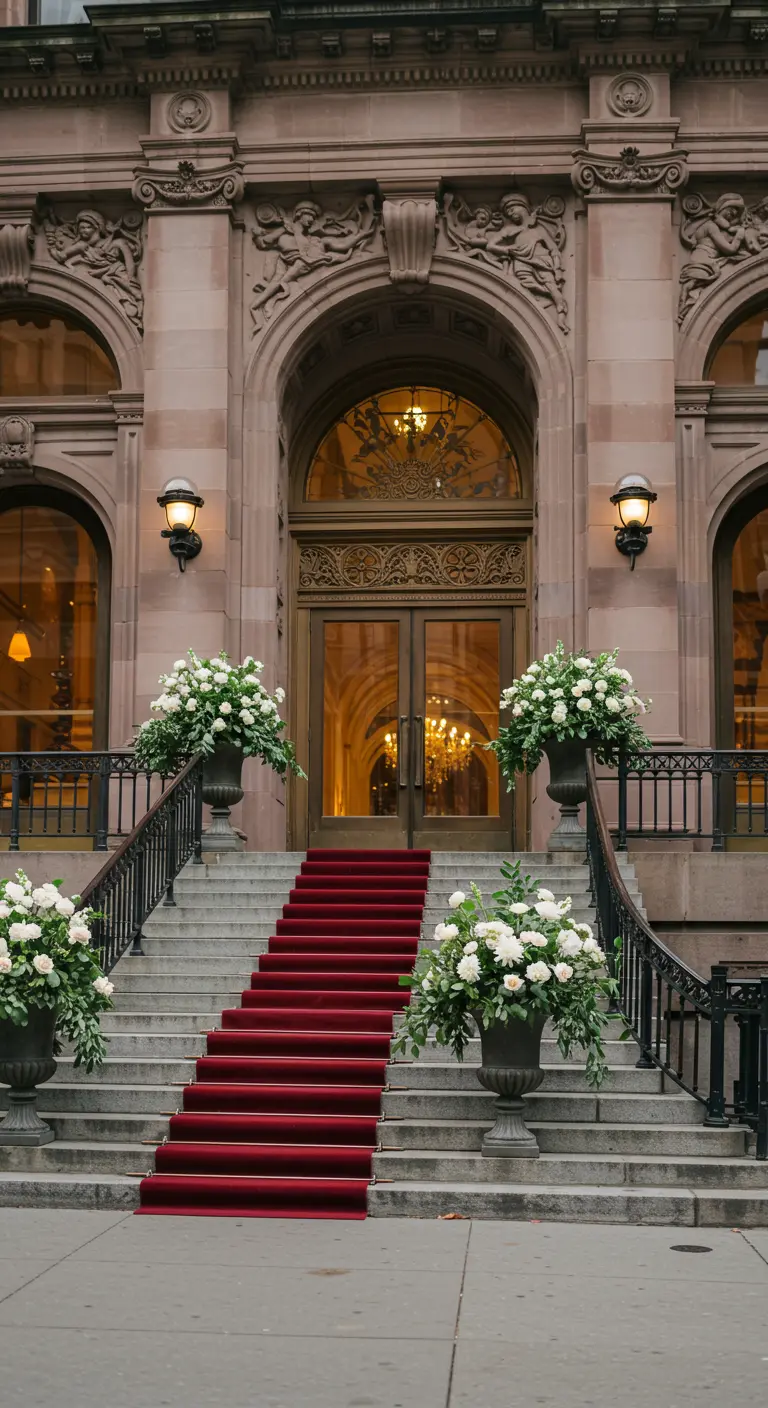 Grandioze entree met rode loper, klassieke witte bloemenurnen en sierlijke balustrade.