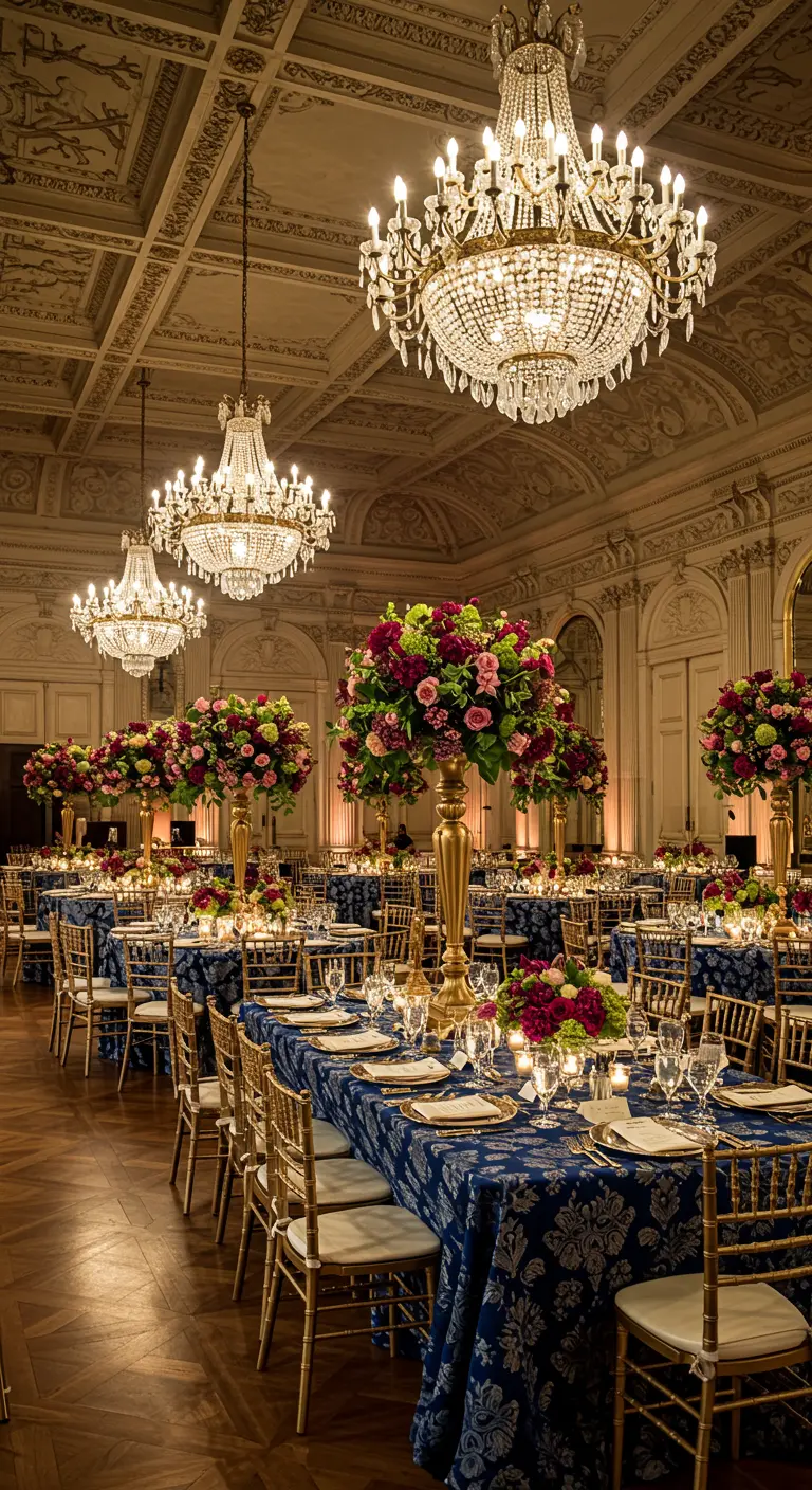 Luxe balzaalreceptie met marineblauwe tafels, gouden accenten en juweelkleurige bloemen.