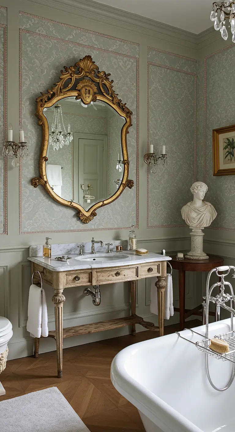 Klassieke badkamer met een grote, schildvormige spiegel met gouden sierlijst.
