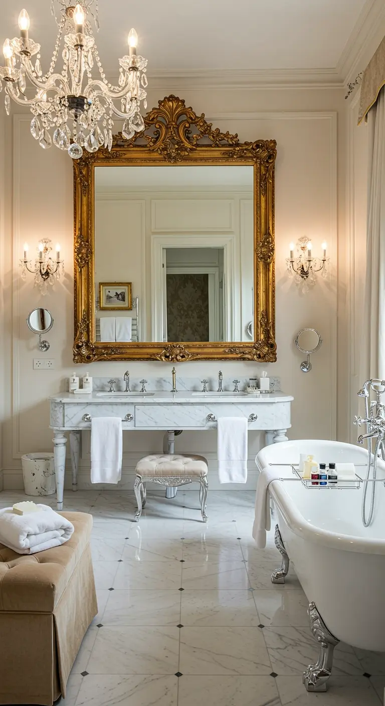 Grote, gouden barokspiegel in luxe badkamer met kroonluchter en marmer.
