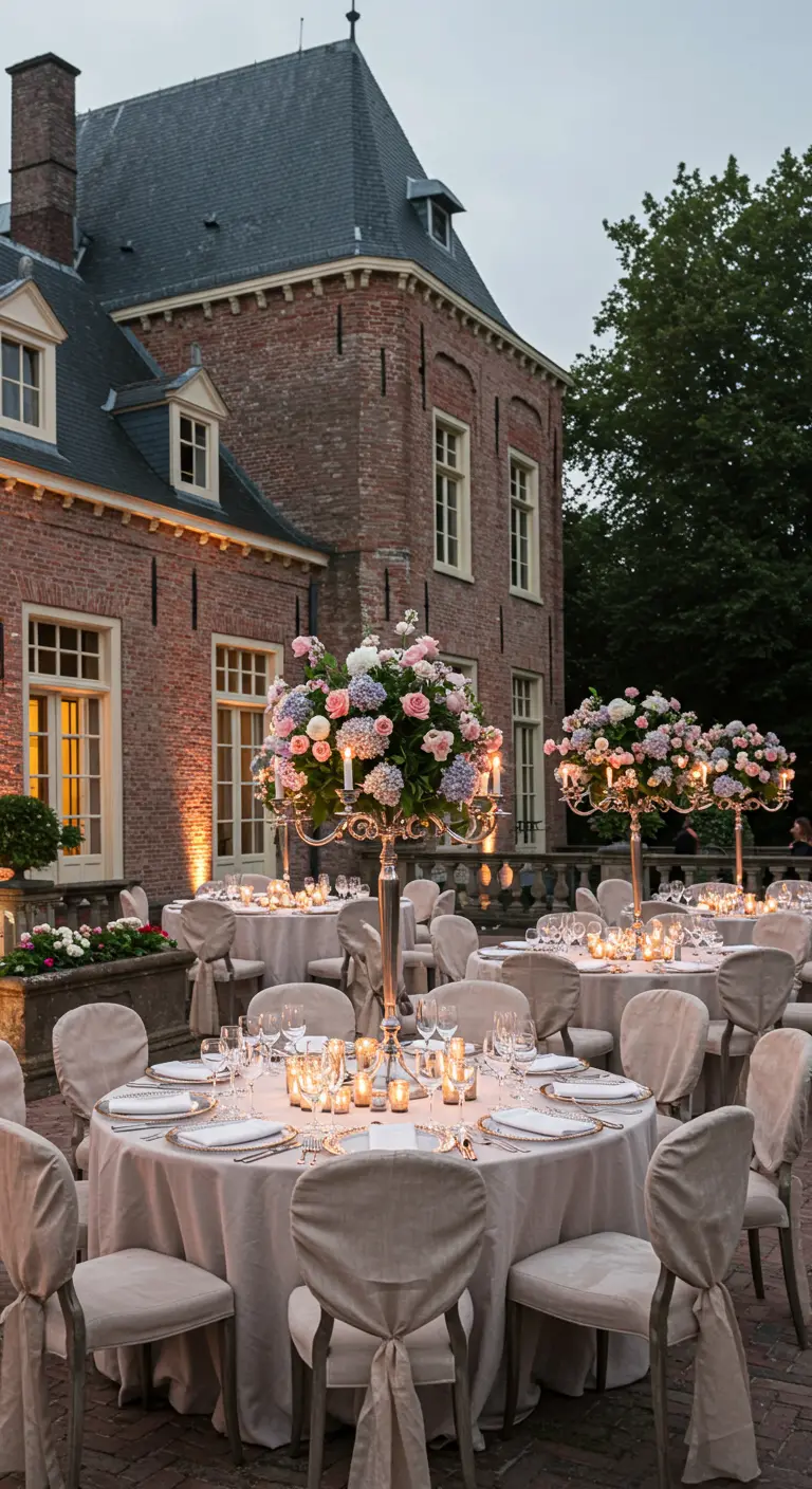 Buiten dineren bij een kasteel met ronde tafels, hoge bloemstukken en kaarslicht.