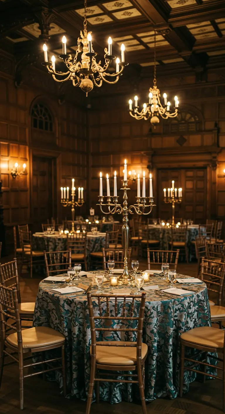 Ronde tafel met gouden kandelaar en patroon tafelkleed in een klassieke ruimte.